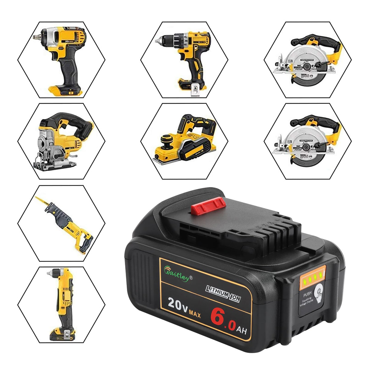 waitley 20V 6.0A Replacement Battery Compatible with Dewalt DCB200 DCD DCF DCG Series Cordless Power Tools waitley
