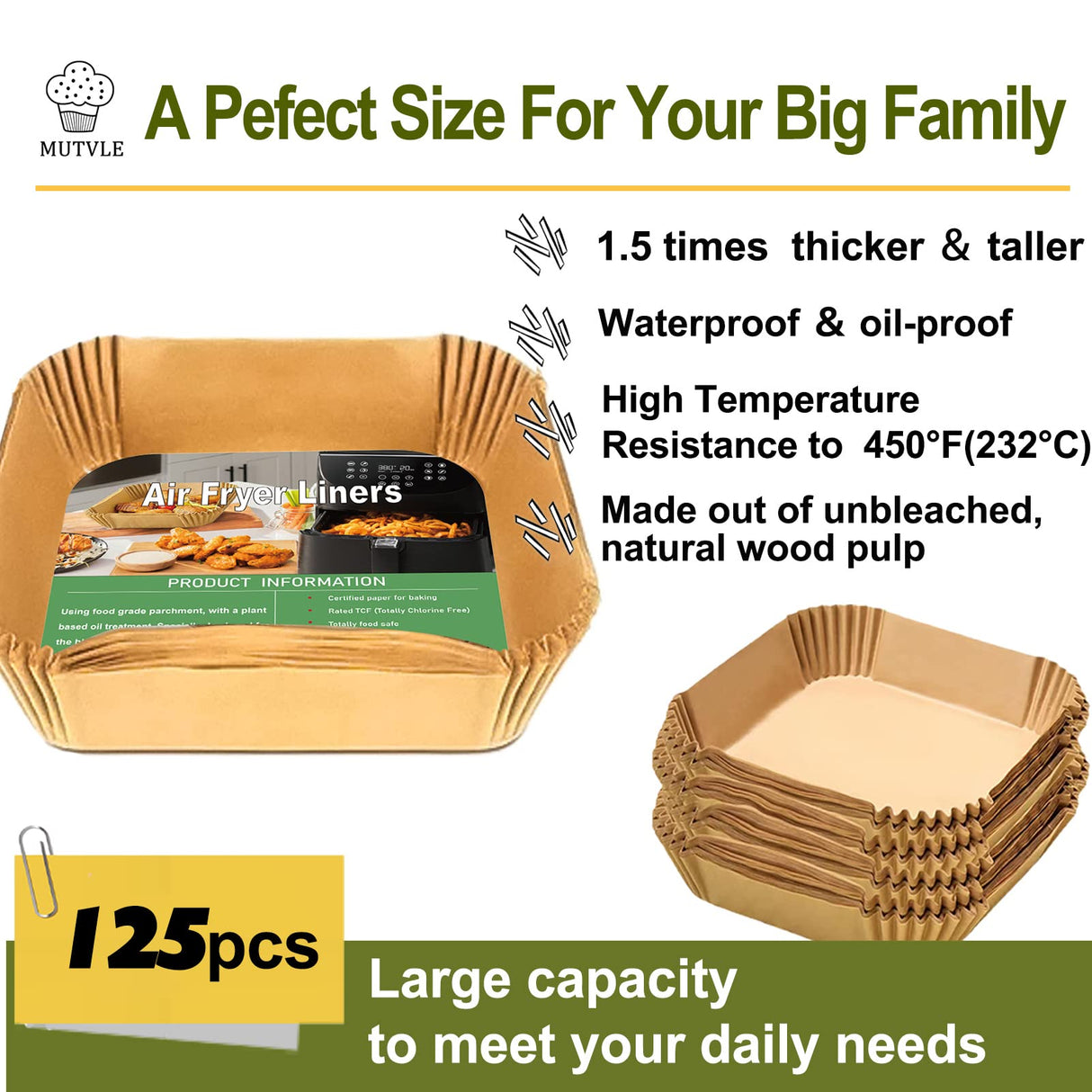 Air Fryer Liners for Power XL, Chefman 10QT 12QT Oven, Instant Pot Air Fryer, XL Disposable Air Fryer Paper Liners，Air Fryer Parchment Paper Liners 9.5 Inch Square, 125PCS Air Fryer Oven Liners mutvle