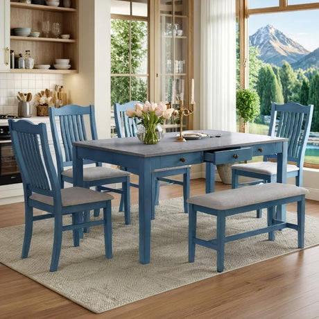 LUMISOL 6-Piece Wooden Dining Set, Farmhouse Kitchen Table Set with 4 Upholstered Chairs, Bench and Storage Drawers for Kitchen, Dining Room, Living Room, Antique Blue LUMISOL
