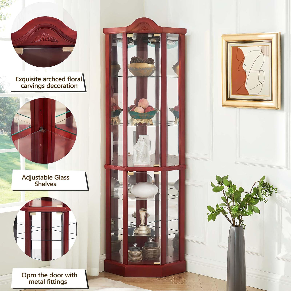 Firscook Curio Cabinet,Lighted Wooden Corner Curio Cabinet,Glass Display Curio Cabinet with Tempered Glass Doors and Shelves,6-Layer Wood Corner Cabinet, Glass Display Cabinet for Living Room(Cherry) Firscook