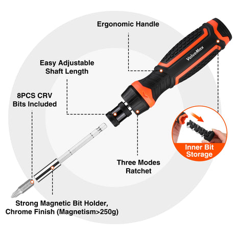 Valuemax Ratcheting Screwdriver, 9-In-1 Multi Screwdriver, Portable Ratchet Screwdriver Set, Adjustable Length, High-Strength Bits, Phillips, Slotted, Torx, Hex, Nut Driver ValueMax