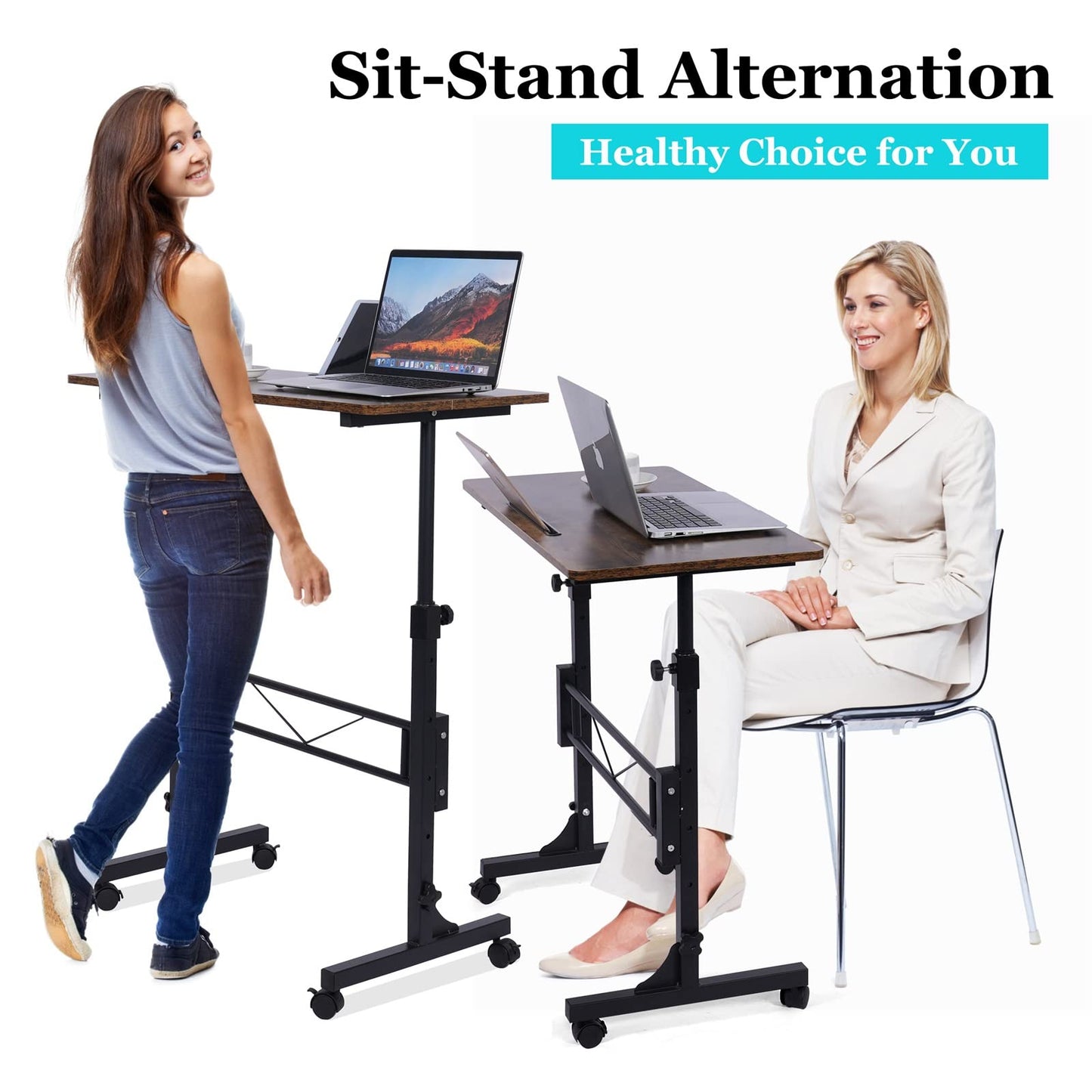 Standing Desk Adjustable Height, Mobile Stand Up Desk with Wheels Small Computer Desk Rolling Desk, Portable Laptop Desk Rustic Standing Table Sit Stand Home Office Desks 16"x31.5" Height 27"-43.5"