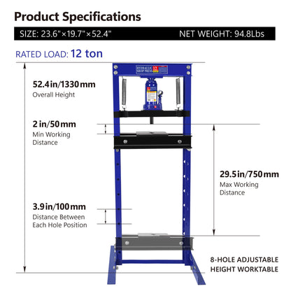 GarveeTech 12 Ton Hydraulic Press,Benchtop Press with Press Plates,Adjustable Working Table Height,H Frame,Metal Hydraulic Shop Press for Automotive,Store,Home Mechanics,Rear Wheel Bearing Bl - WoodArtSupply