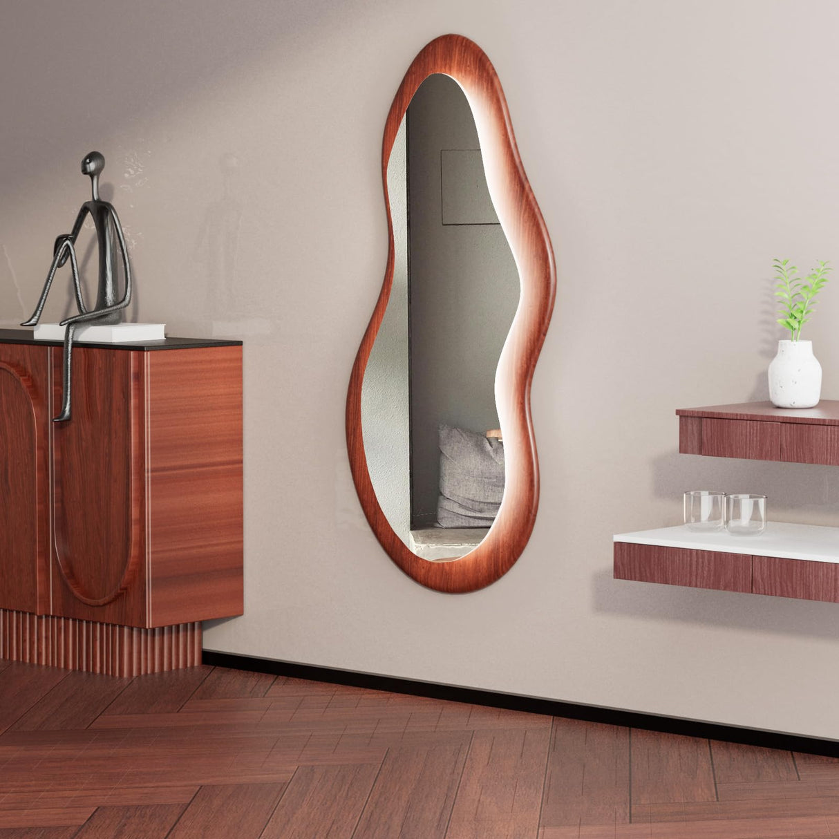 osemy 48"x 24" LED Wood Full Length Mirror with Lights Irregular Wavy Full Body Mirror Shatter-Proof Hanging/Leaning Wall Mounted Walnut Wooden Framed Mirror for Dressing Bedroom Living Room osemy