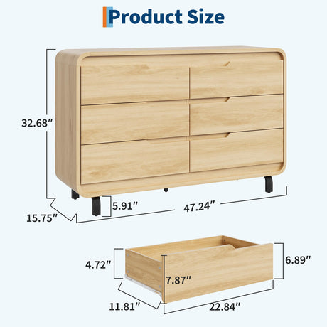 6 Drawers Dresser for Bedroom & Nursery, Modern Dresser with Safe Rounded Corners & Hidden Handles,Wooden Dresser Chest with Heavy Duty Anti-Tip Structure, Wide Storage Cabinet for Living Room GarveeHome