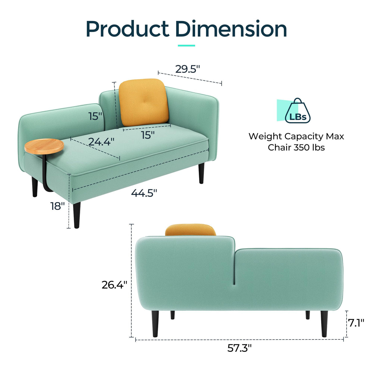 LINSY Small Loveseat Couch 2 Seat, Mid Century Modern Love seat Couches 57" Mini Couch with Srorage, Removable Table and Pillow, Couches for Small Spaces Living Room Bedroom Dorm (Teal Left) LINSY