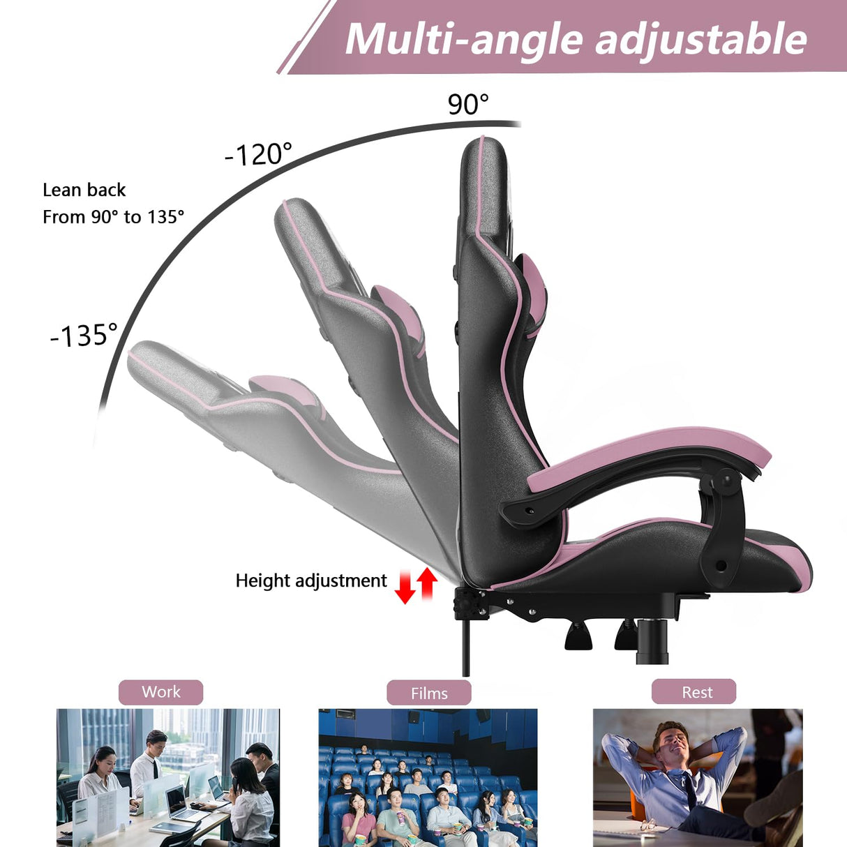 Bigzzia Gaming Chair, Ergonomic Video Game Chairs with Pillow and Lumbar Support, Racing Style Height Adjustable Computer Chair with 360°-Swivel Seat for Adults(Black/Pink) Bigzzia