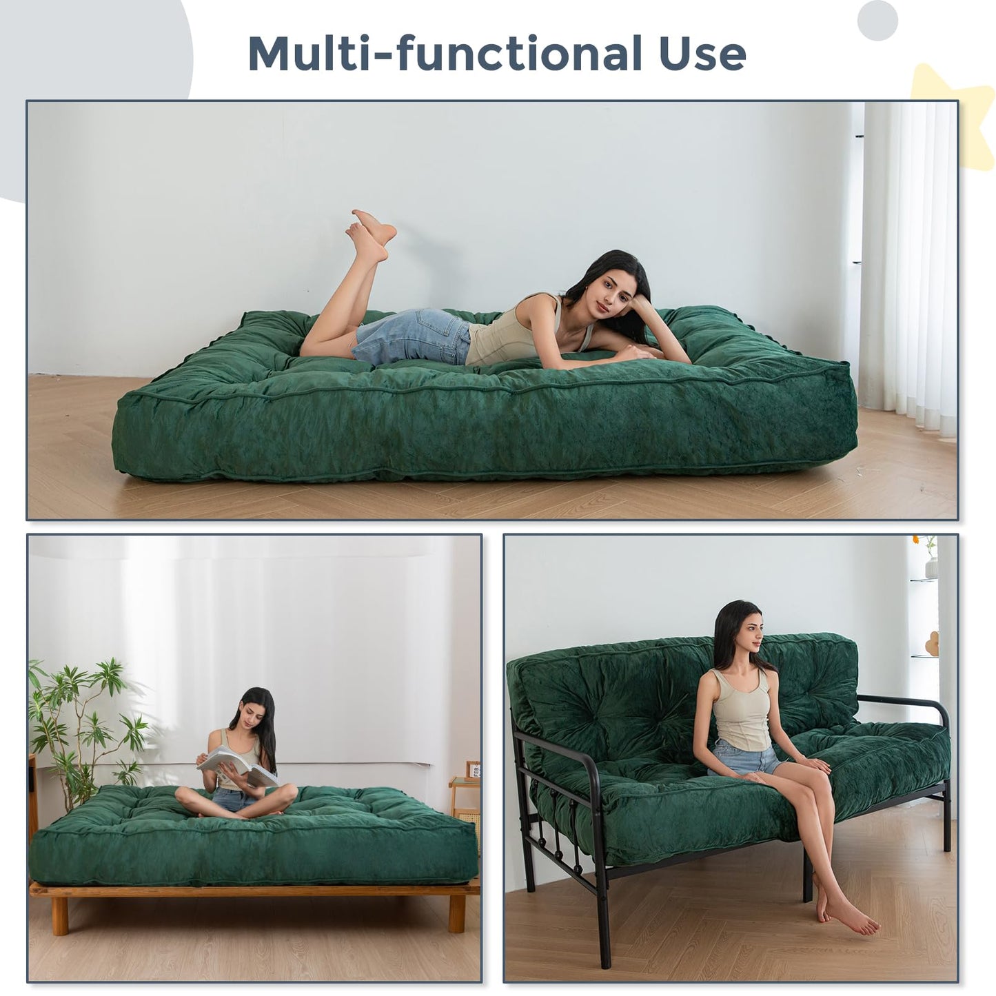 MAXYOYO 8" Futon Mattress Full Size, Extra Thick Futons Sofa Couch Bed, Velvet Floor Mattress for Adults, Shredded Foam Filling (Frame Not Included), Green