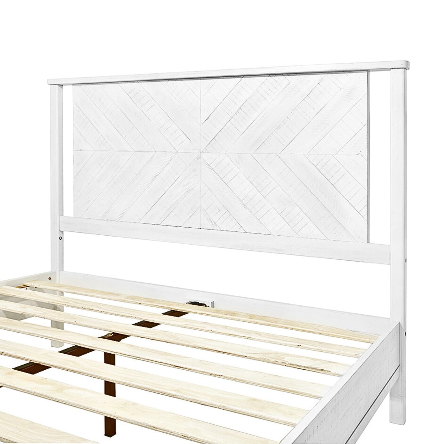 Bme Vivian 14 Inch Rustic White King Bed Frame with Herringbone Headboard and Solid Acacia Wood - WoodArtSupply