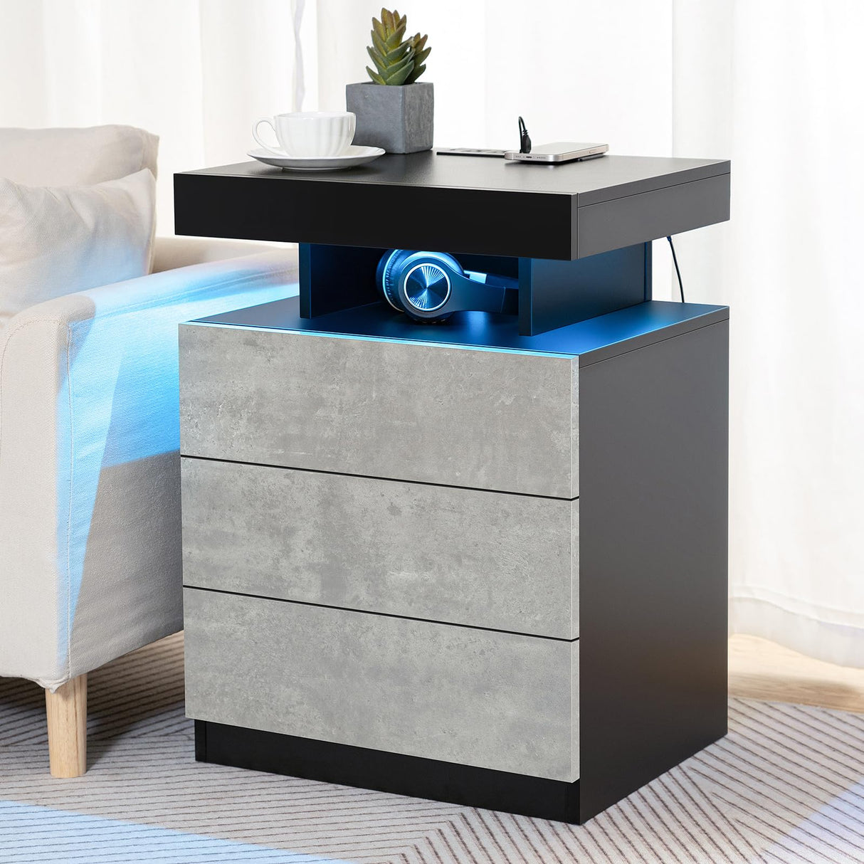 HOMMPA LED Nightstand with Wireless Charging Station & USB Ports, 3 Drawer Night Stand with LED Light RGB Adjustable Brightness, Smart Nightstand High Gloss Bedside Table for Bedroom Gray HOMMPA