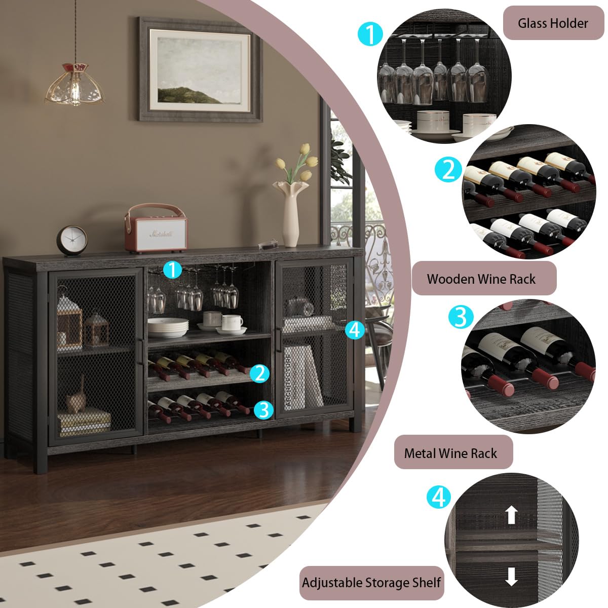 Launica Liquor Bar Cabinet, Industrial Wine Bar Cabinet, Rustic Sideboard Buffet Cabinet for Liquor, Glasses & Coffee Bar with Storage Rack for Home Kitchen Dining Room, Dark Grey Oak, 55 In Launica