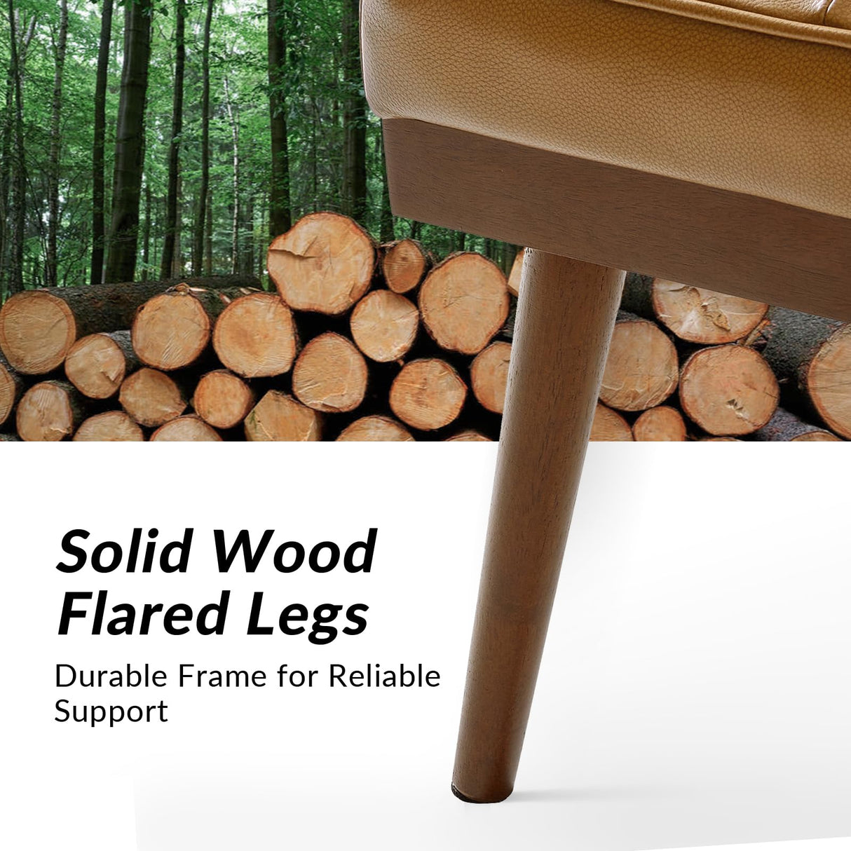 HULALA HOME Genuine Leather Square Coffee Table, Button Tufted Upholstered Ottoman Coffee Table with Solid Wooden Flared Legs, Mid-Century Modern Extra Seating for Living Room, Camel HULALA HOME