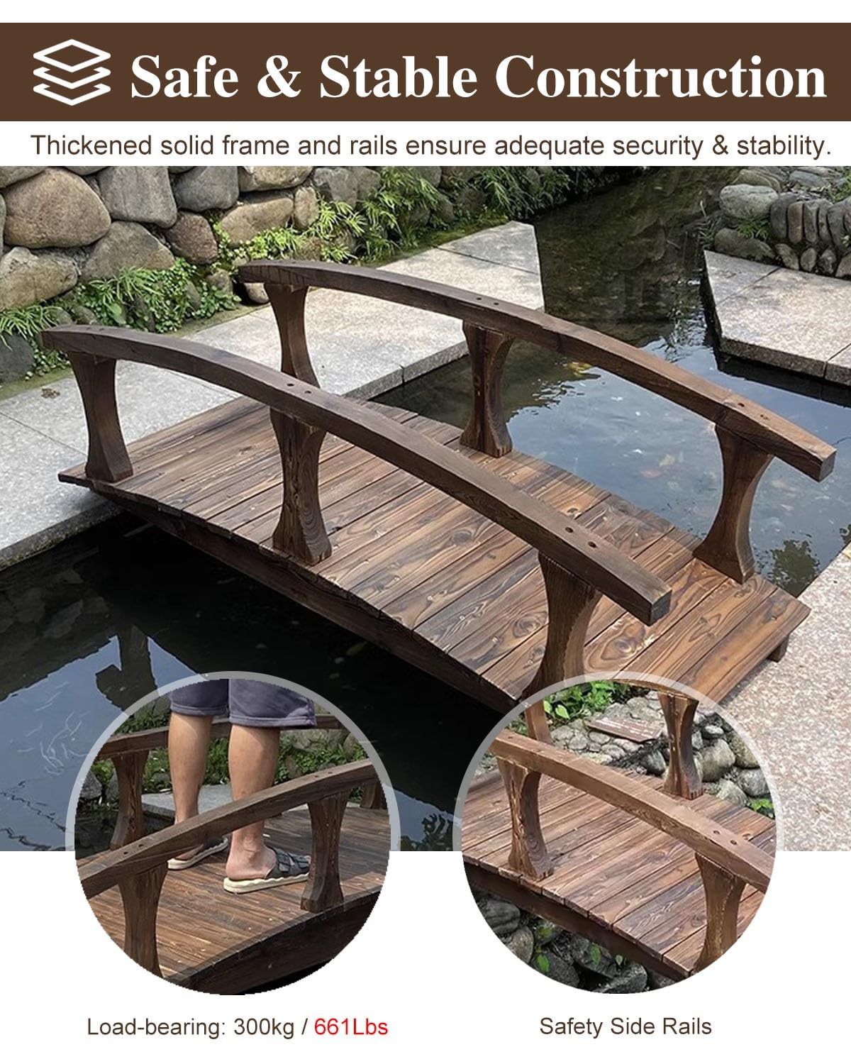 ZIMGOD Outside Curved Pond Bridges with Side Rails, Japanese Garden Bridge Decor for Yard Deck Patio, Classic Footbridge Pathway, Wooden Walkway Bridge ZIMGOD