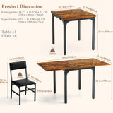 7-Piece Dining Table Set for 4-6, Extendable Kitchen Table Cushion Chairs Set of 6 with 6 Chairs, Rectangle Dining Table with Metal Frame & MDF Board, Folding for Small Apartment Saving Space, Rustic HUAHUU