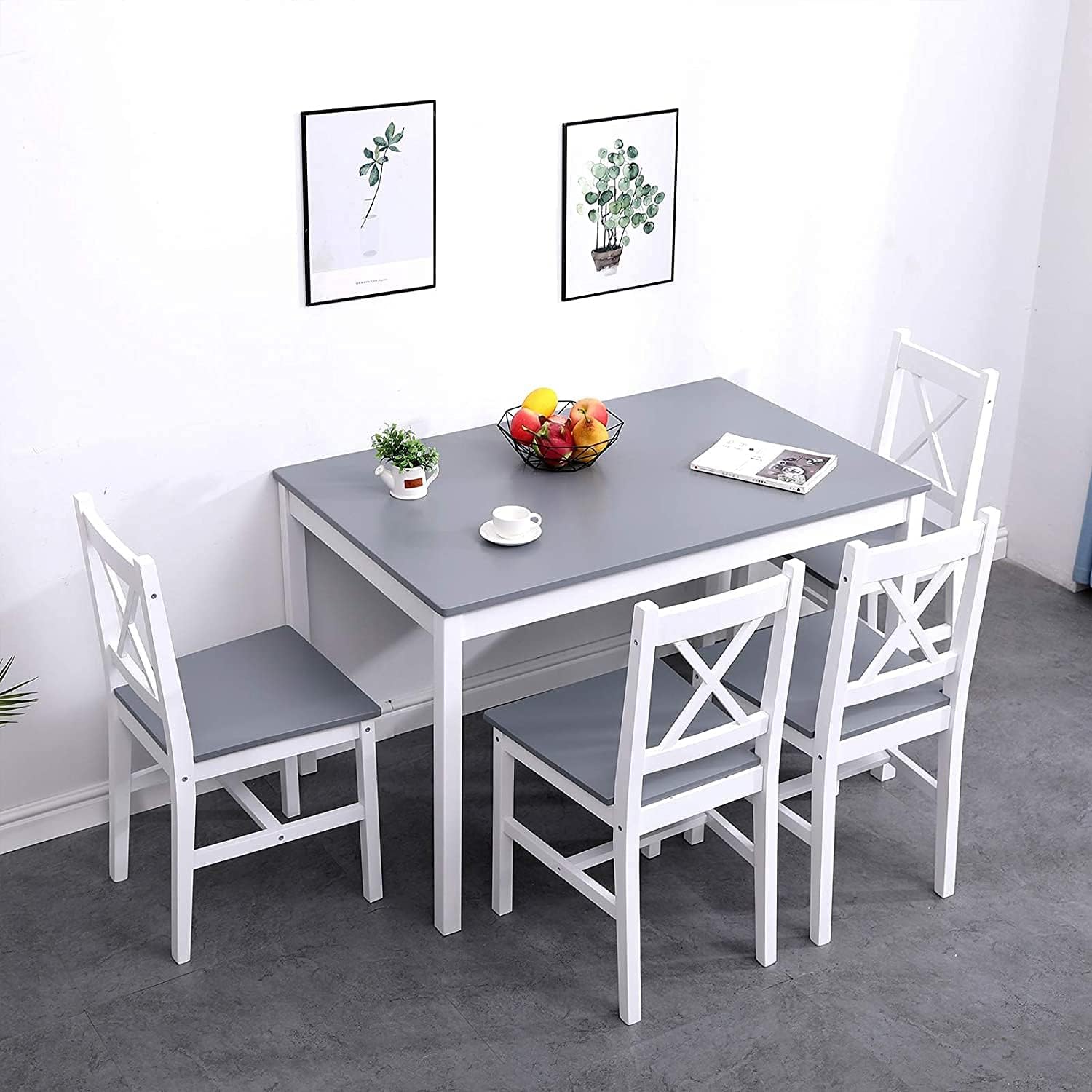 SogesPower Dining Table Set for 4, 5-Piece Wood Kitchen Dining Table Set with 4 Chairs for Kitchen Dining Room Restaurant Small Space, Grey&White - WoodArtSupply