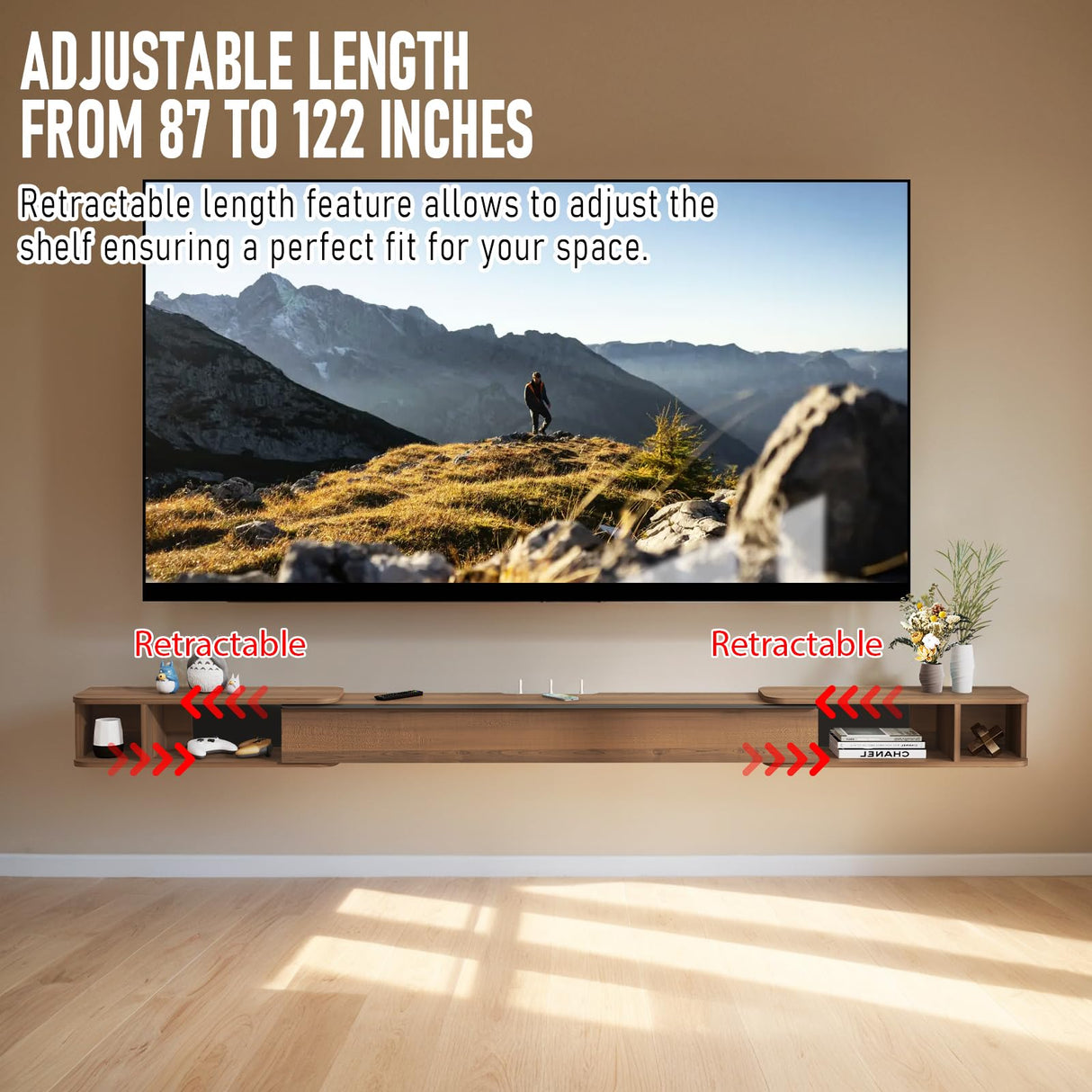 Pmnianhua Retractable Length Floating TV Stand,Minimalist Floating TV Shelf,Wall Mounted TV Console,Adjustable 87'' to 122'' Floating Entertainment Center with Storage for Bedroom Living Room(Walnut) Pmnianhua