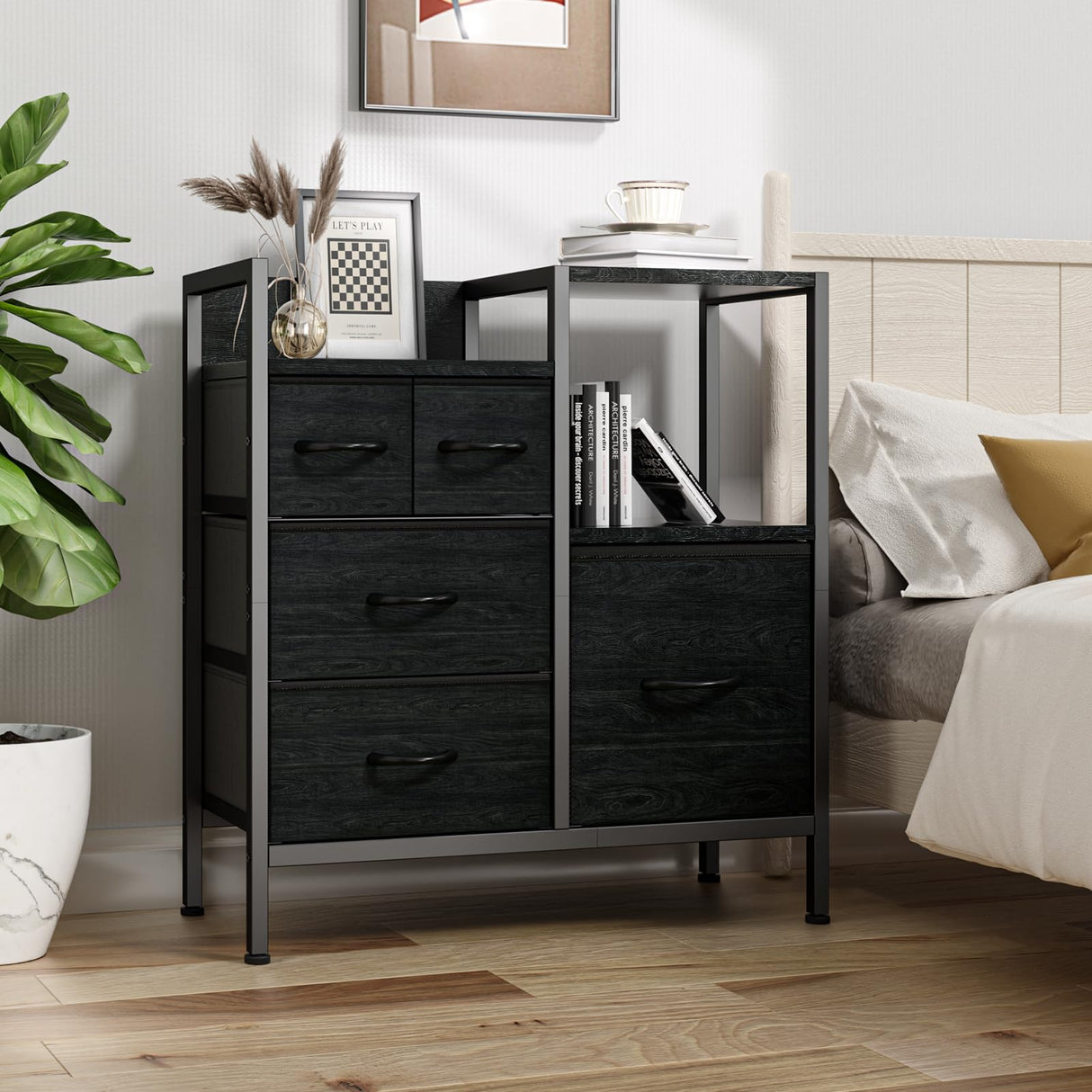 Furnulem Dresser for Bedroom Organization Fabric Dresser Units with 5 Storage Drawers Sturdy 2 Tier Shelf Large Space Dresser Bedroom Dresser for Hallway Entryway Dorm Black Furnulem