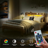 ivoros Wooden Full Size Bed Frame with Storage Headboard, Rustic Farmhouse Platform Bed Frame Full with Charging Station & LED Lights, 12 Wood Slats Support, No Box Spring Needed,Dark Brown ivoros