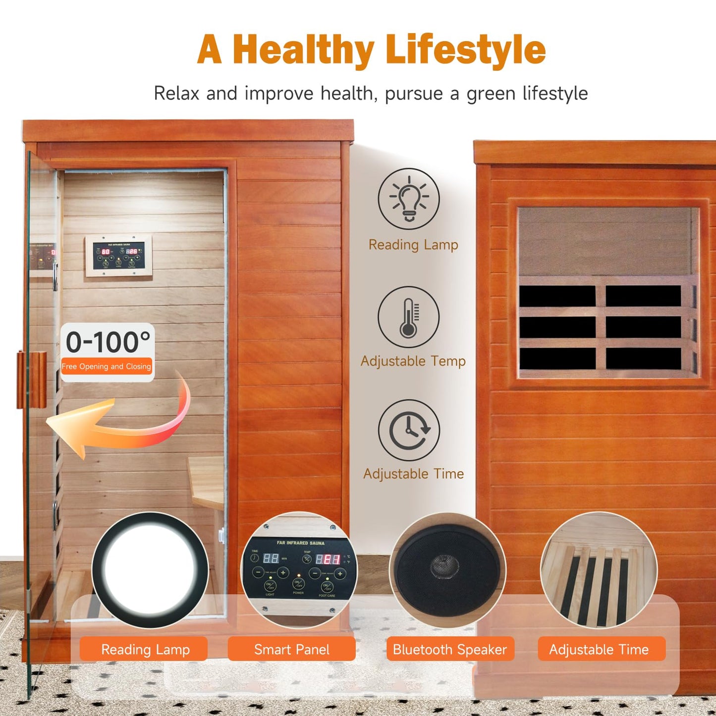 Sauna, Far Infrared Saunas for Home 1 Person Wood Sauna Okoume 800W/110V Low Emf Dry Sauna Indoor Sauna Room with Tempered Glass Door/Speakers/Air Hole and LED Lighting - 35.2*27.6*61.6 IN