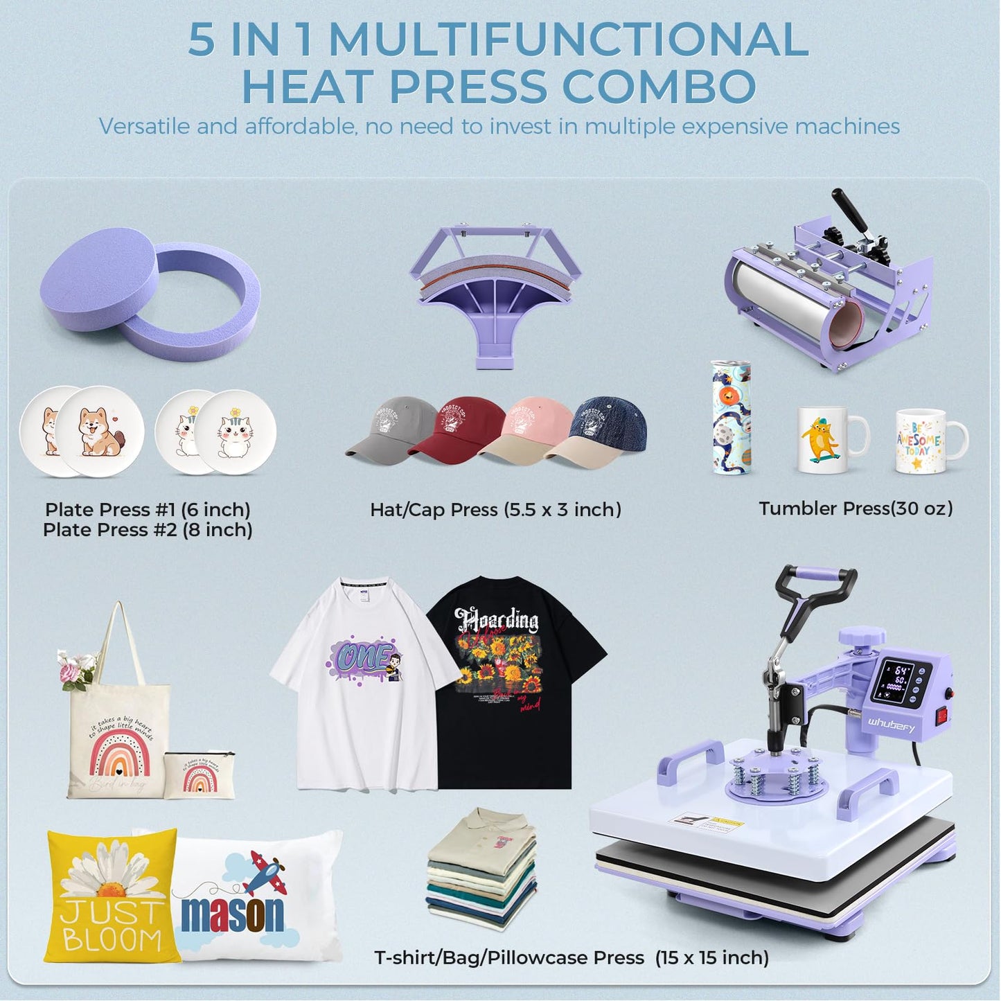 Whubefy Heat Press 15x15 inch 5 in 1 with 30OZ Tumbler Press, Slide Out 360° Swing Away Digital Shirt Press Machine, Industrial-Quality Heat Transfer Sublimation for T-Shirt/Tumbler/Mug/Hat/Cap/Plate