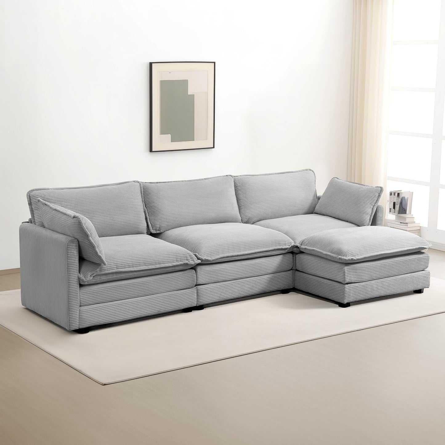 ROWHY Oversized Modular Sectional Sofa with Movable Ottoman, 112 Inch 4 Seat Modern Corduroy Sofa Set, Convertible L Shaped Couch for Living Room and Office, Light Grey