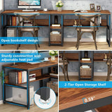 Tribesigns Rustic Brown Two-Person Double Desk with Bookshelf for Home Office Tribesigns