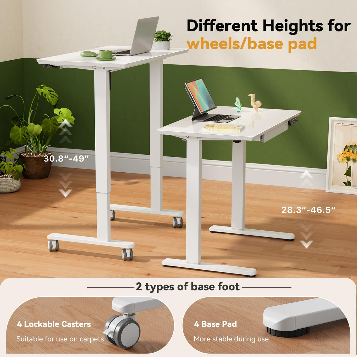 Gibbon Mounts Glass Standing Desk with Drawer, 35×20Inch Whole Piece Height Adjustable Rising Desk, Electric Sit Stand Desk with Wheels, Small Computer Desk, White Gibbon Mounts