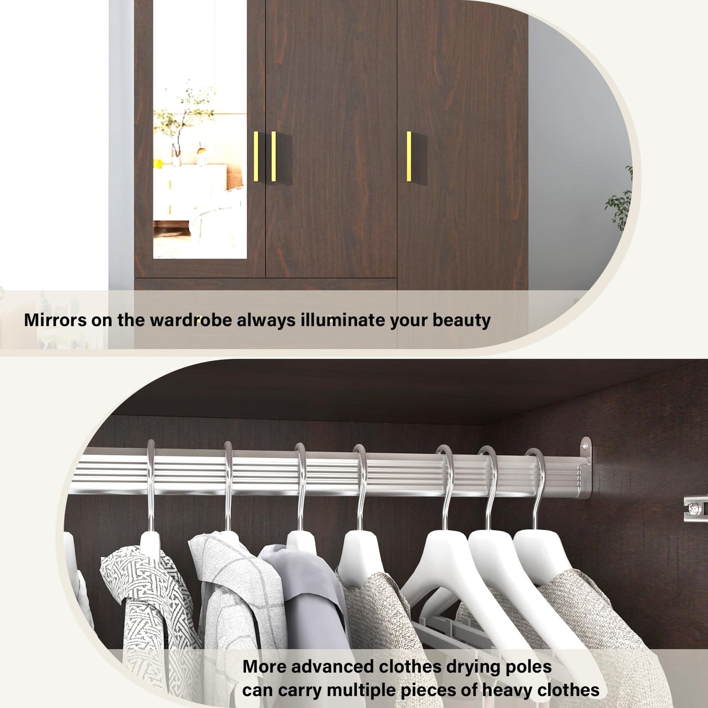 3 Door Wardrobe Closet with Mirror & LED Lights, Bedroom Armoire with Drawers & Shelves, Farmhouse Wooden Armoire Wardrobe Closet with Hanging Rod for Bedroom, Brown