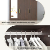 3 Door Wardrobe Closet with Mirror & LED Lights, Bedroom Armoire with Drawers & Shelves, Farmhouse Wooden Armoire Wardrobe Closet with Hanging Rod for Bedroom, Brown jiteentarou
