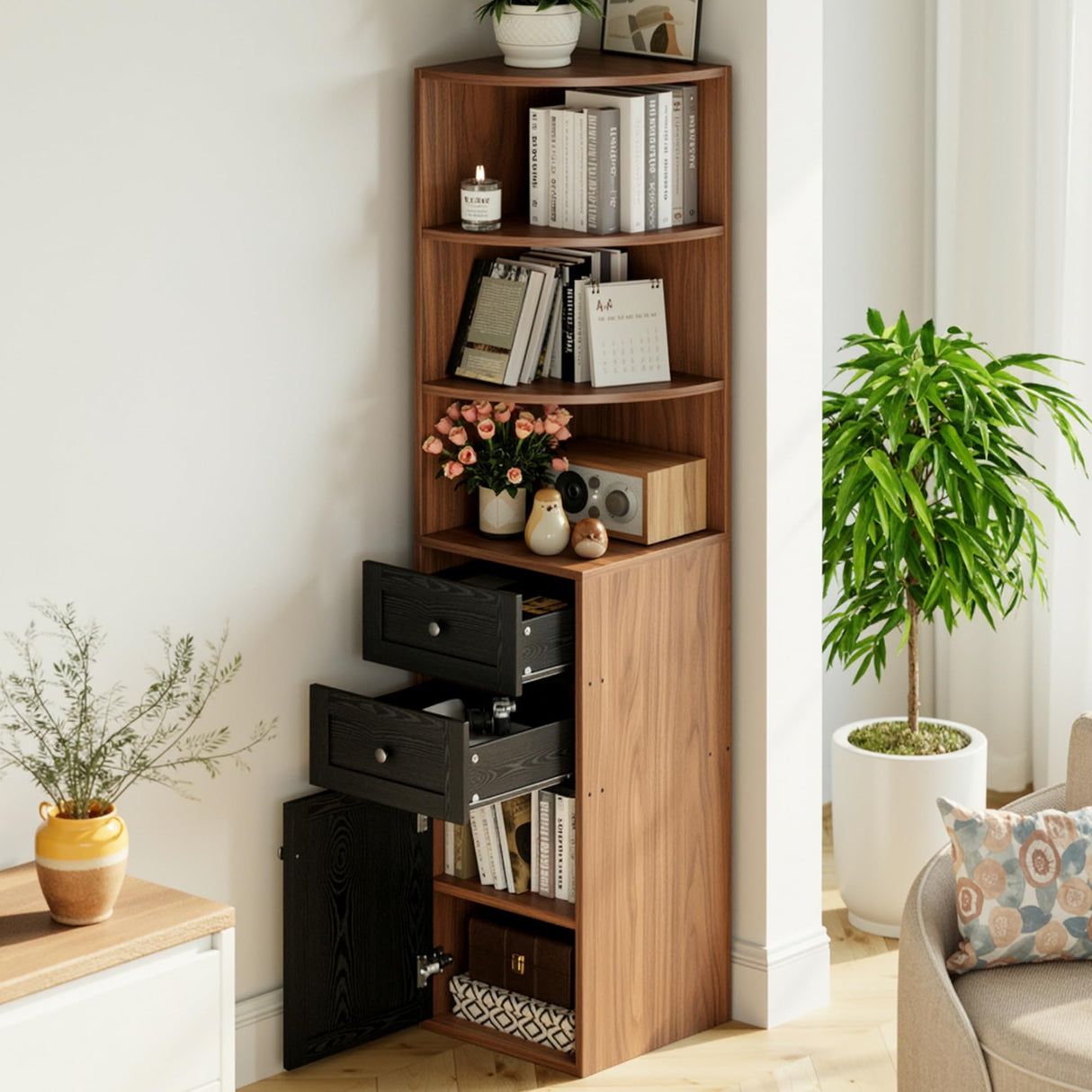 IRONCK Corner Bookshelf and Bookcase, 71" H Wooden Book Shelves 3 Tier with Drawers and Storage Cabinet for Living Room, Office, Bedroom, Brown and Black IRONCK