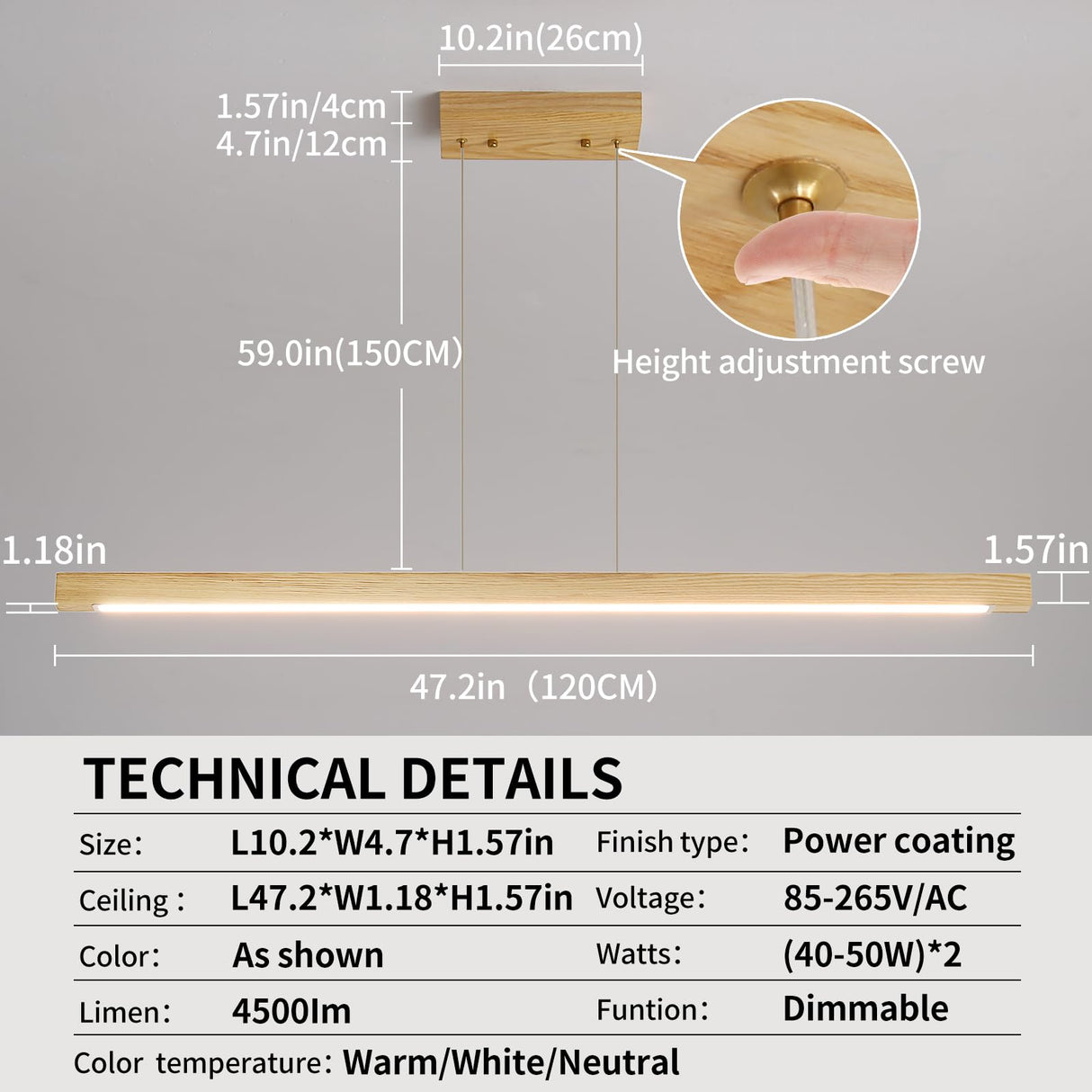 Wooden Linear Pendant Light, 47" Modern Chandeliers for Dining Room, Dimmable Pool Table Island Lights for Kitchen, LED Ceiling Pendant Lamp for Dining Room Billiard Room, Natural Ash Matven