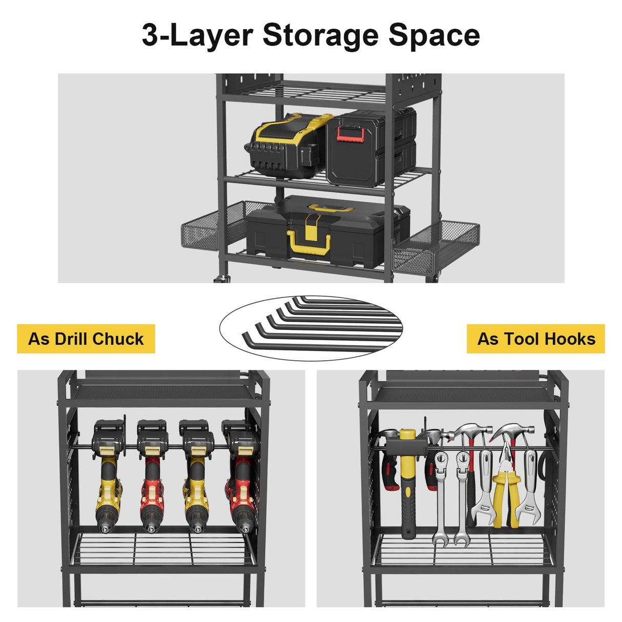 Power Tool Organizer Cart with Charging Station, Heavy Duty Garage Tool Organizer Rolling Tool Battery Storage with 8-Outlet Power Strip, 4 Wheels, 2 Hanging Baskets, 8 Hooks, Drill Bit Holder, Black NEYCIL