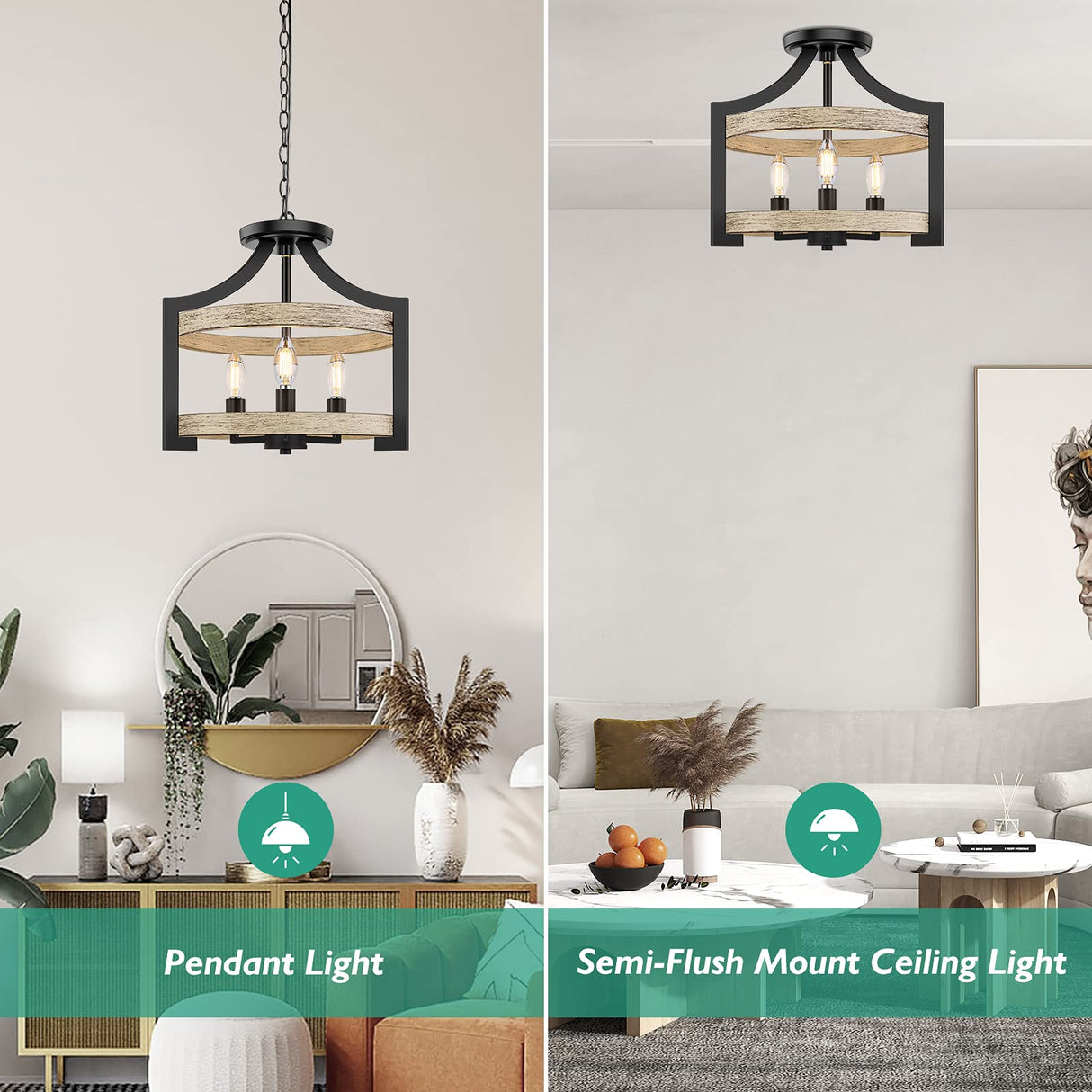 3-Light Rustic Farmhouse Pendant Hanging Light Adjustable Height Max 68in, Convertible Vintage Semi Flush Mount Ceiling Light Fixture Black Metal Chandelier White Birch Wood Finish Kitchen Dining Room BesLowe