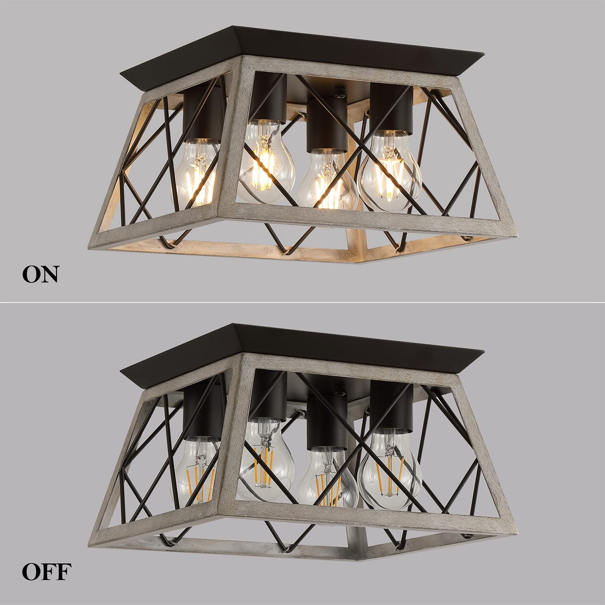 Q&S Farmhouse Ceiling Light Oak Semi Flush Mount Vintage 4-Light Square Rustic Island Light Fixtures for Entryway Hallway Dining Room Living Room Bedroom Q&S
