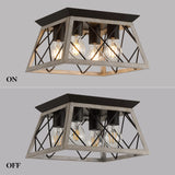Q&S Farmhouse Ceiling Light Oak Semi Flush Mount Vintage 4-Light Square Rustic Island Light Fixtures for Entryway Hallway Dining Room Living Room Bedroom Q&S