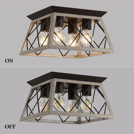 Q&S Farmhouse Ceiling Light Oak Semi Flush Mount Vintage 4-Light Square Rustic Island Light Fixtures for Entryway Hallway Dining Room Living Room Bedroom Q&S