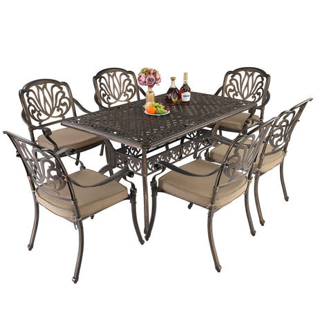 VINGLI 7 Pieces Outdoor Patio Dining Set, Cast Aluminium Patio Furniture Set with 6 Chairs and Large Table for Yard, Garden, Porch and Poolside, Bronze VINGLI
