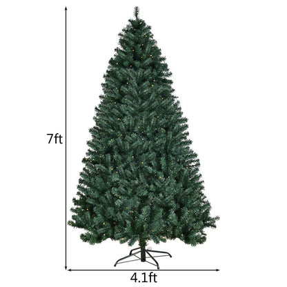 COSTWAY 7FT Pre-Lit PVC Artificial Christmas Tree Auto-Spread/Close up Premium Spruce Hinged w/ 300 LED Lights & Metal Stand, Green (7 FT)