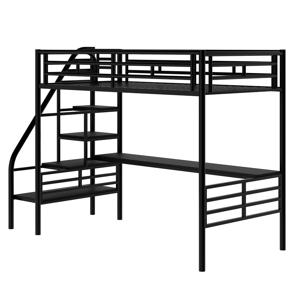 Twin Loft Bed with Desk and Storage Stairs, Heavy Duty Metal Loft Bed with Stairs and Full-Length Guardrail, Twin Loft Bed with Slats No Box Spring Needed(Twin Loft Bed Black) Bellemave