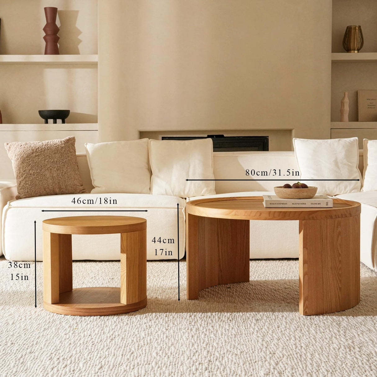 FAME HOME Round Nesting Coffee Table Set of 2,31.5" Large & 18" Small Low Tables with Wood Look Top,Space-Saving Side Tables for Living Room,Bedroom,Office,Minimalist Center Table Set (Brown, L+S) FAME HOME