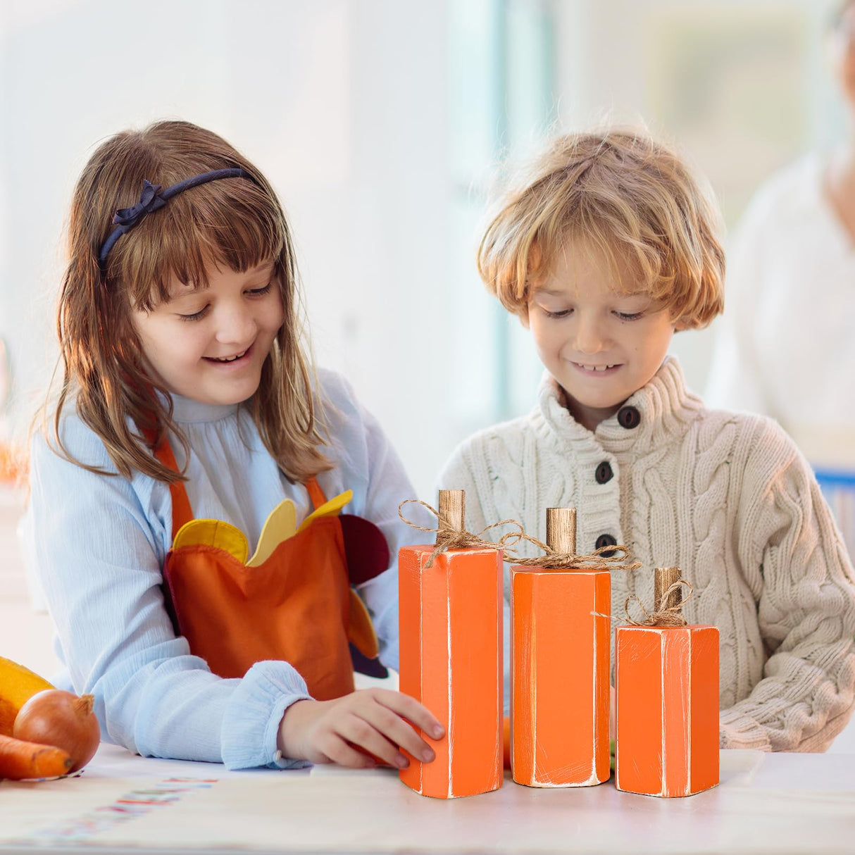 Whaline 3Pcs Fall Wooden Signs Table Decor Rustic Autumn Farmhouse Centerpiece Orange Block Wood Sign Thanksgiving Party Tabletop Decor with Hemp Rope for Fall Harvest Home Tiered Tray Decor Whaline