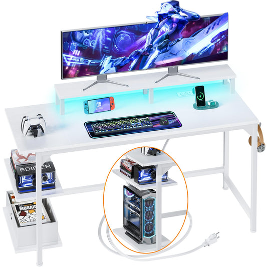 Furologee White Desk with Power Outlets and LED Lights, 47" Office Gaming Desk with Shelves and Fabric Drawer, Reversible Study Table with Monitor Stand and Hooks - WoodArtSupply