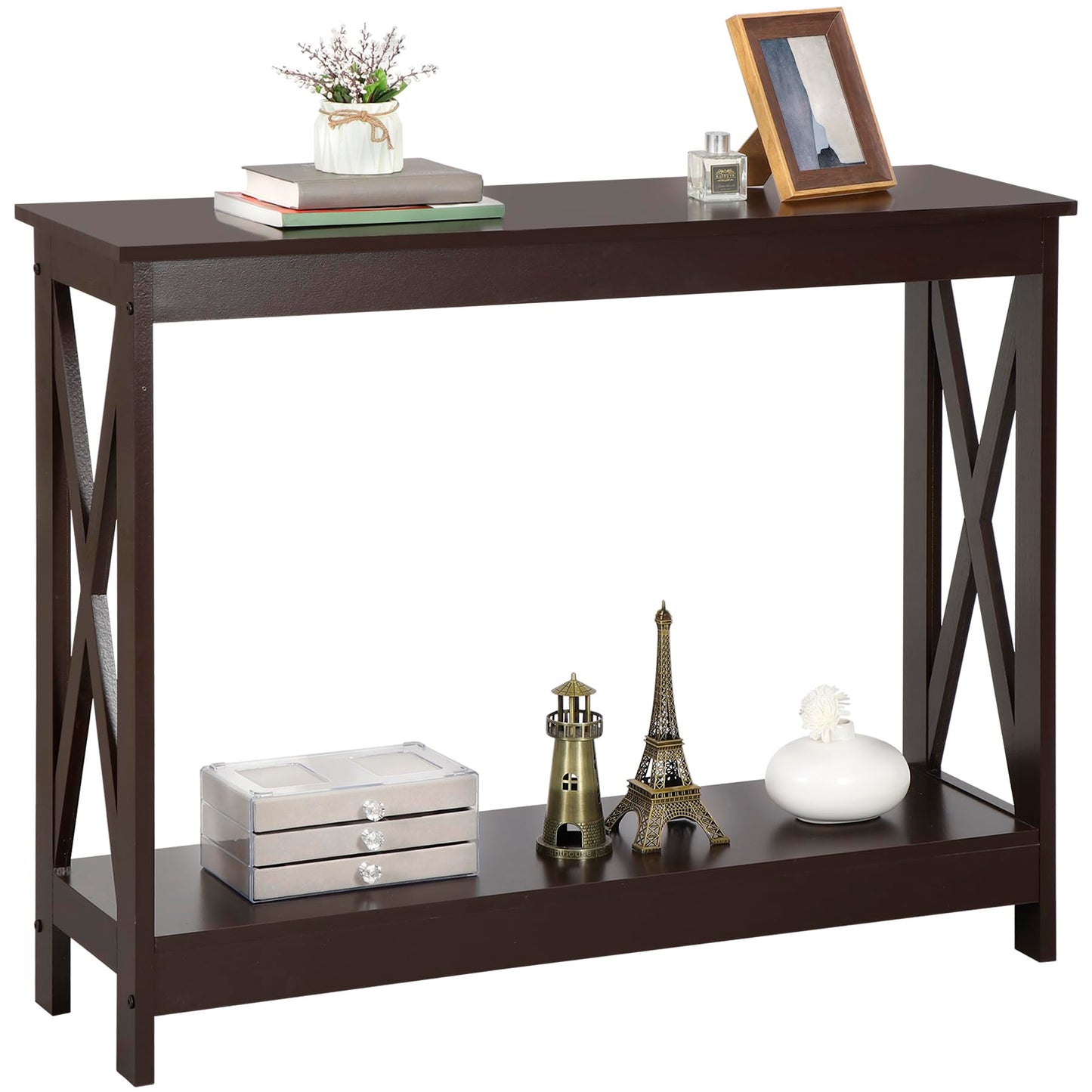 ZenStyle Sofa Side Console Table with 2 Storage Shelves Narrow Accent Table for Entryway/Hallway/Living Room, 39.3in L x 11.8in W x 31.6in H (Dark Brown)