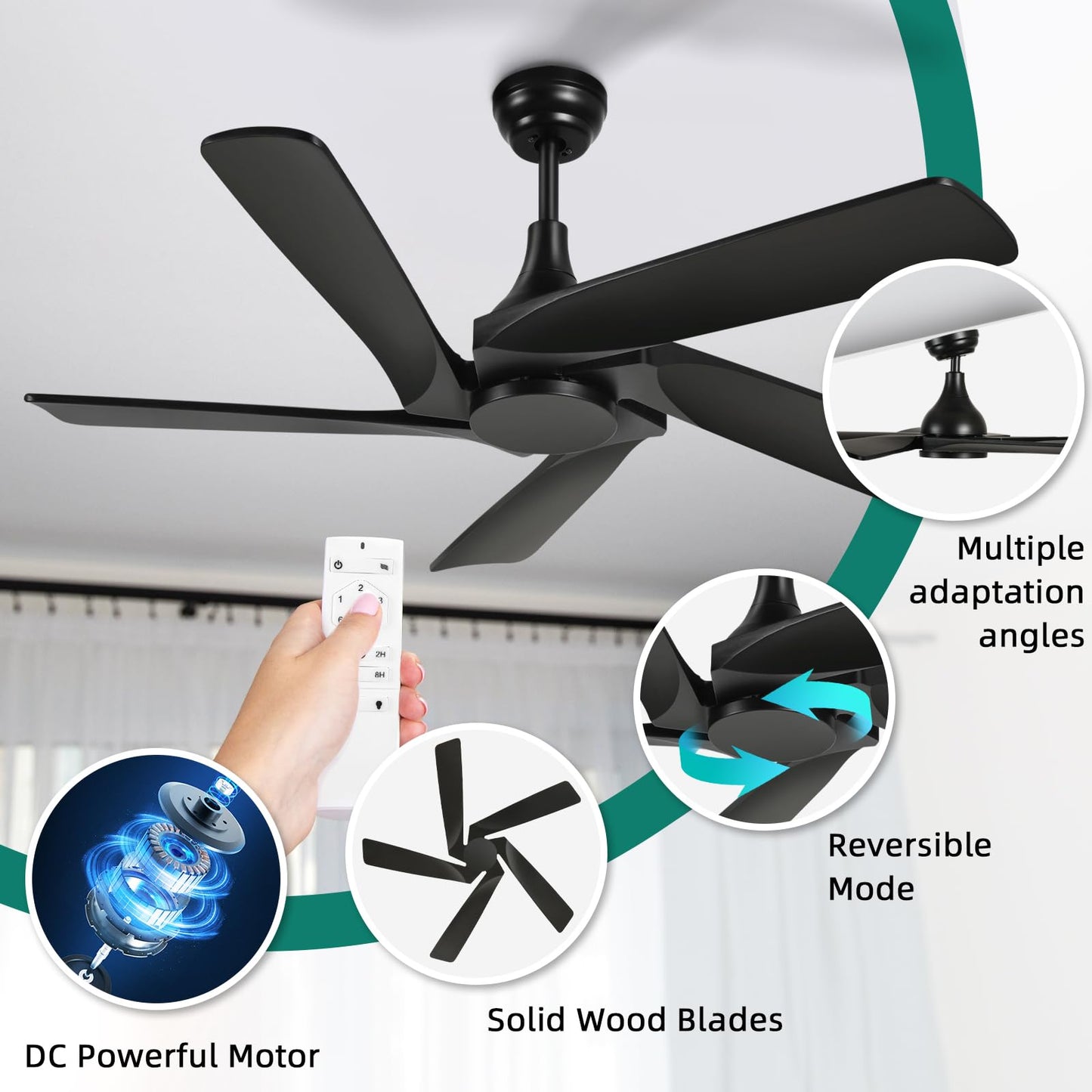 YITAHOME 52 Inch Black Ceiling Fan without Light, Solid Wood Blades Modern Ceiling Fan with Remote, Ceiling Fans with Reversible DC Motor For Indoor Outdoor, Memory Function - WoodArtSupply