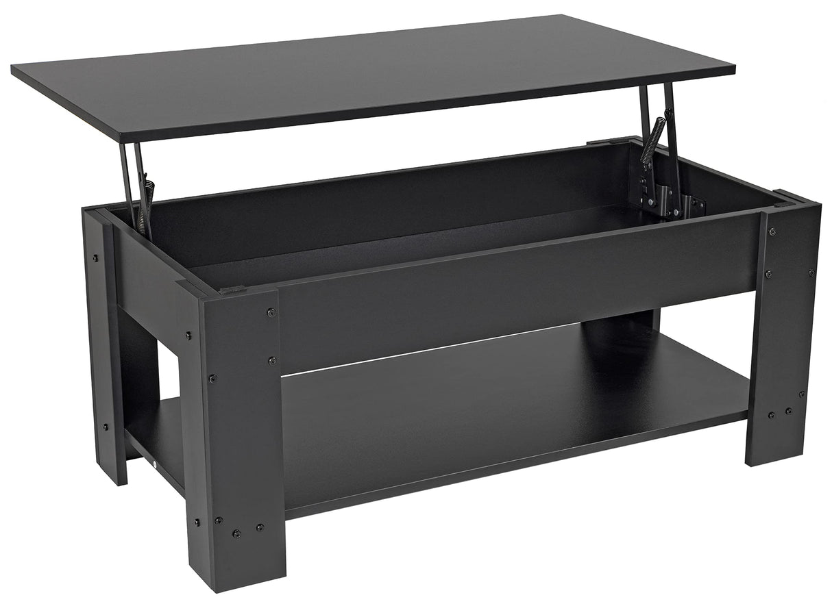 Elevon Lift Top Coffee Table with Hidden Compartment and Storage Shelf, 19"D x 37.5"W x 22"H, Black Elevon