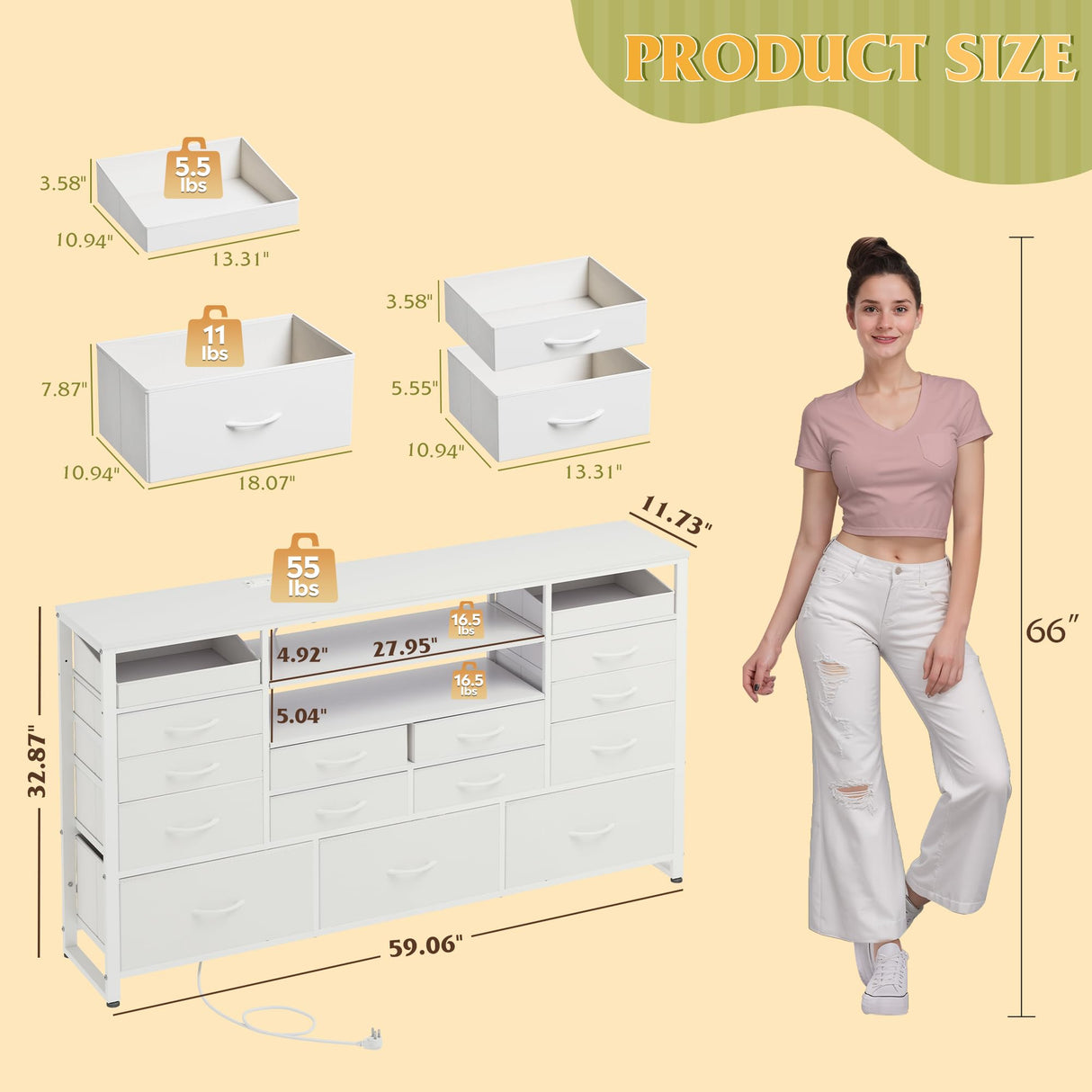 WLIVE White TV Stand for 55, 60, 65 inch TV, Entertainment Center with LED Lights & Charging Station, TV Media Console Table with 15 Fabric Drawers and Open Shelves for Living Room, Hallway, Wood Top WLIVE