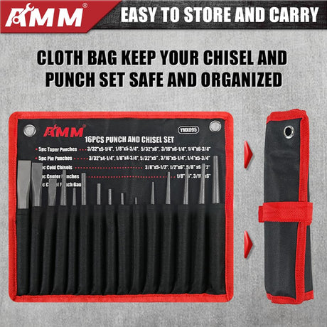 AMM 16PCS Punch and Chisel Set, including Taper Punch, Cold Chisels, Pin Punch and Center Punch, Cr-V for Working with Wood, Metal, Automotive AMM
