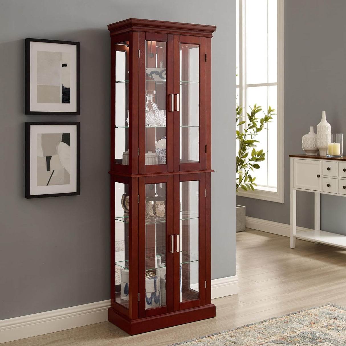 Curio Cabinet with Adjustable Shelves, Mirrored Back, Tempered Glass Doors, 6 Tier, Cherry WoodArtSupply