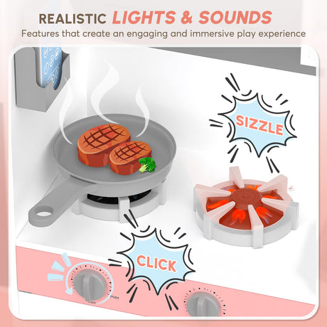 BIERUM Play Kitchen with Realistic Lights & Sounds, Wooden Kitchen Playset with 28 Pcs Toy Food & Cookware Accessories, Toy Kitchen with Plenty of Play Features, Idea Gift for Boys and Girls Ages 3+ BIERUM
