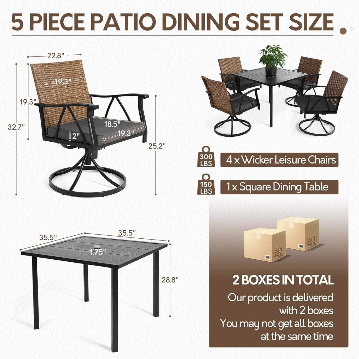 Andehomy 5-Piece Patio Dining Set for 4，Outdoor Dining Set with Wicker Swivel Patio Dining Chairs with Cushions & 1 Black Square Woodgrain Dining Table with 1.75”Market Umbrella Hole, Black & Brown Andehomy